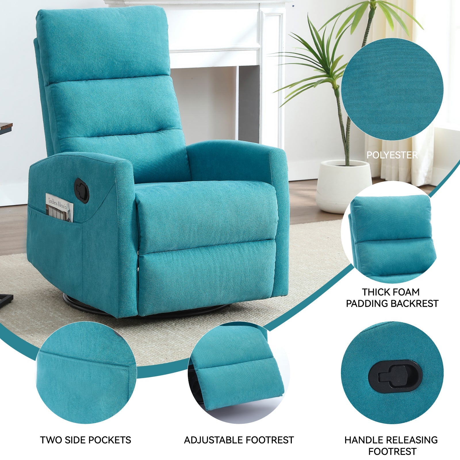 Manual Recliner Chair with Rocker and Swivel in Fabric for Living Room, Blue - 1st Choice Furniture Direct