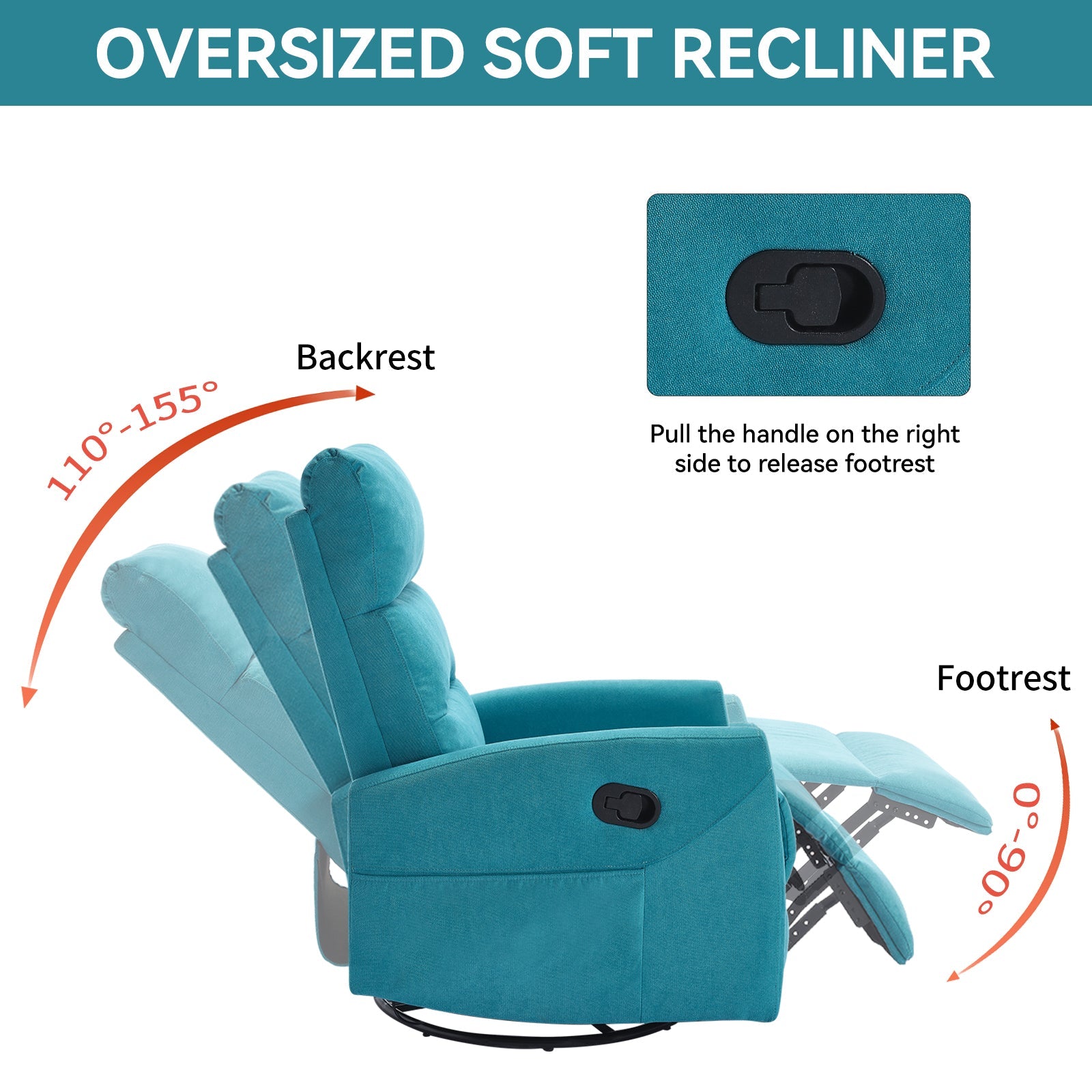 Manual Recliner Chair with Rocker and Swivel in Fabric for Living Room, Blue - 1st Choice Furniture Direct