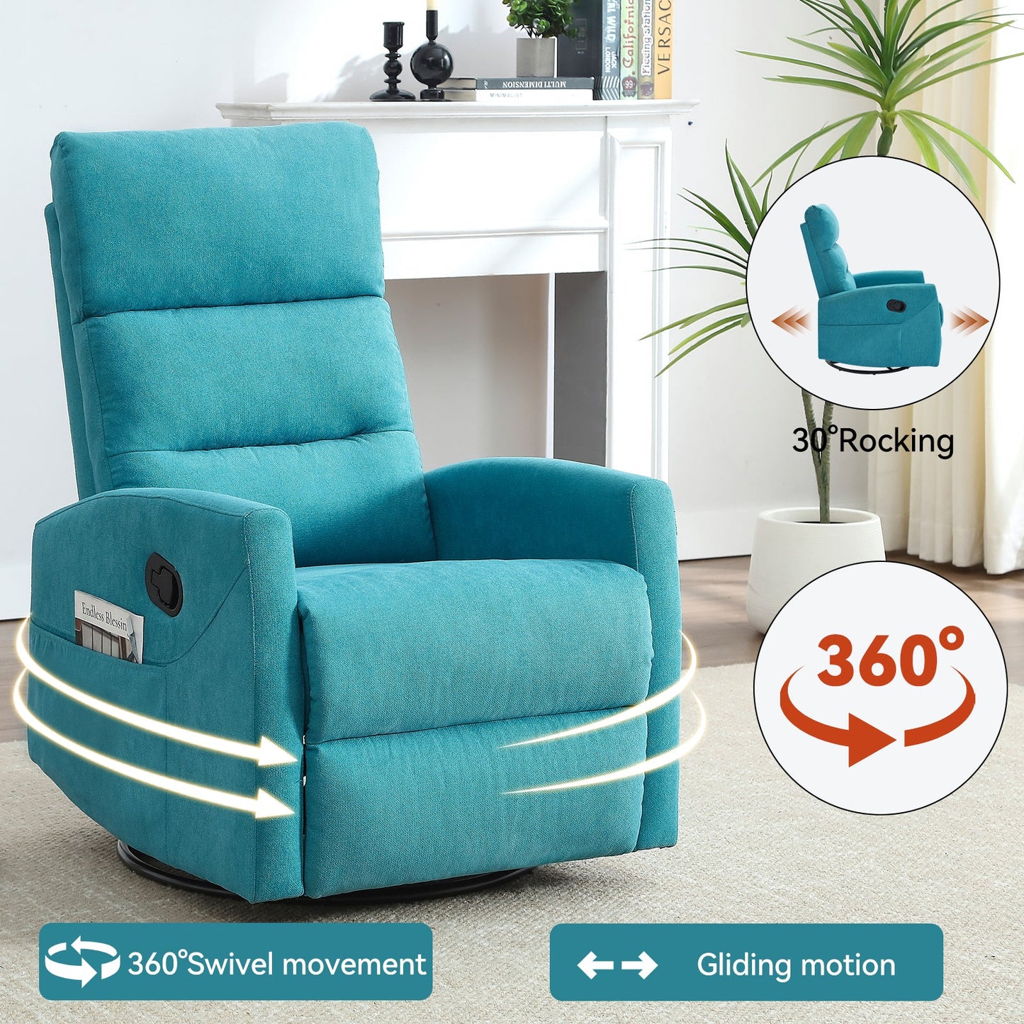 Manual Recliner Chair with Rocker and Swivel in Fabric for Living Room, Blue - 1st Choice Furniture Direct