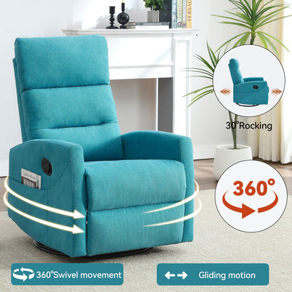 Manual Recliner Chair with Rocker and Swivel in Fabric for Living Room, Blue - 1st Choice Furniture Direct
