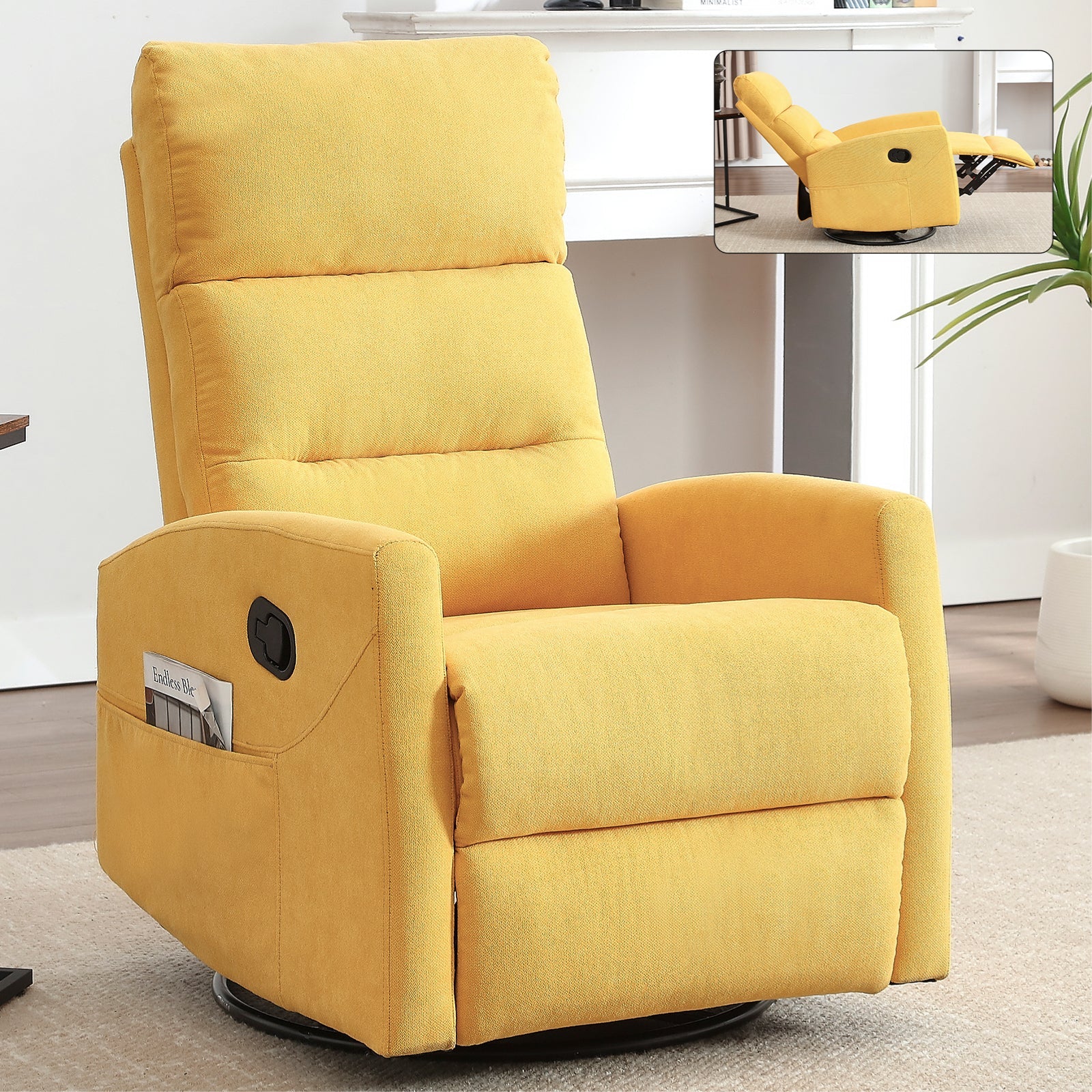Manual Recliner Chair with Rocker and Swivel in Fabric for Living Room, Yellow - 1st Choice Furniture Direct