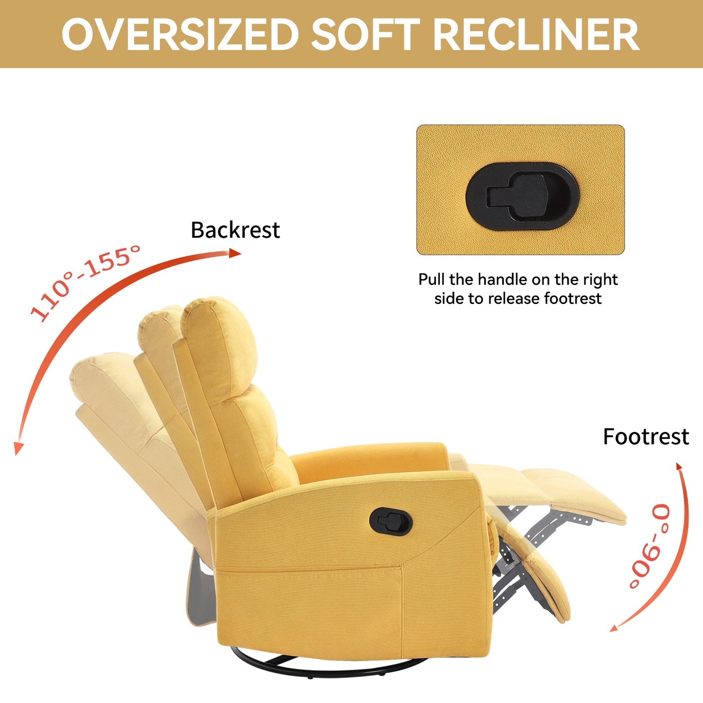 Manual Recliner Chair with Rocker and Swivel in Fabric for Living Room, Yellow - 1st Choice Furniture Direct