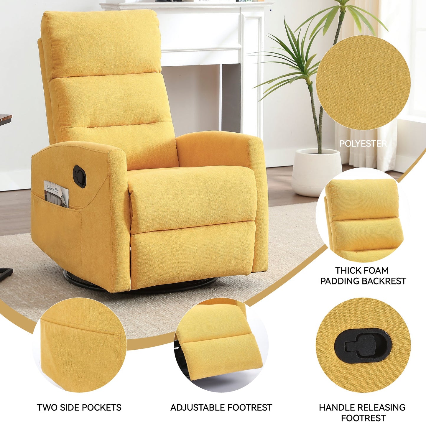 Manual Recliner Chair with Rocker and Swivel in Fabric for Living Room, Yellow - 1st Choice Furniture Direct