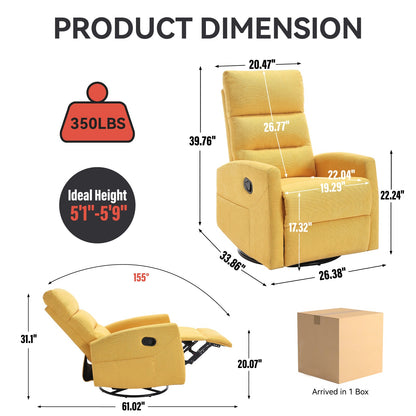 Manual Recliner Chair with Rocker and Swivel in Fabric for Living Room, Yellow - 1st Choice Furniture Direct