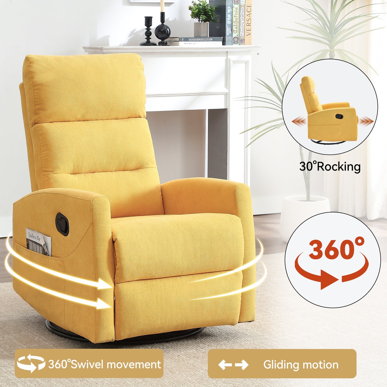 Manual Recliner Chair with Rocker and Swivel in Fabric for Living Room, Yellow - 1st Choice Furniture Direct