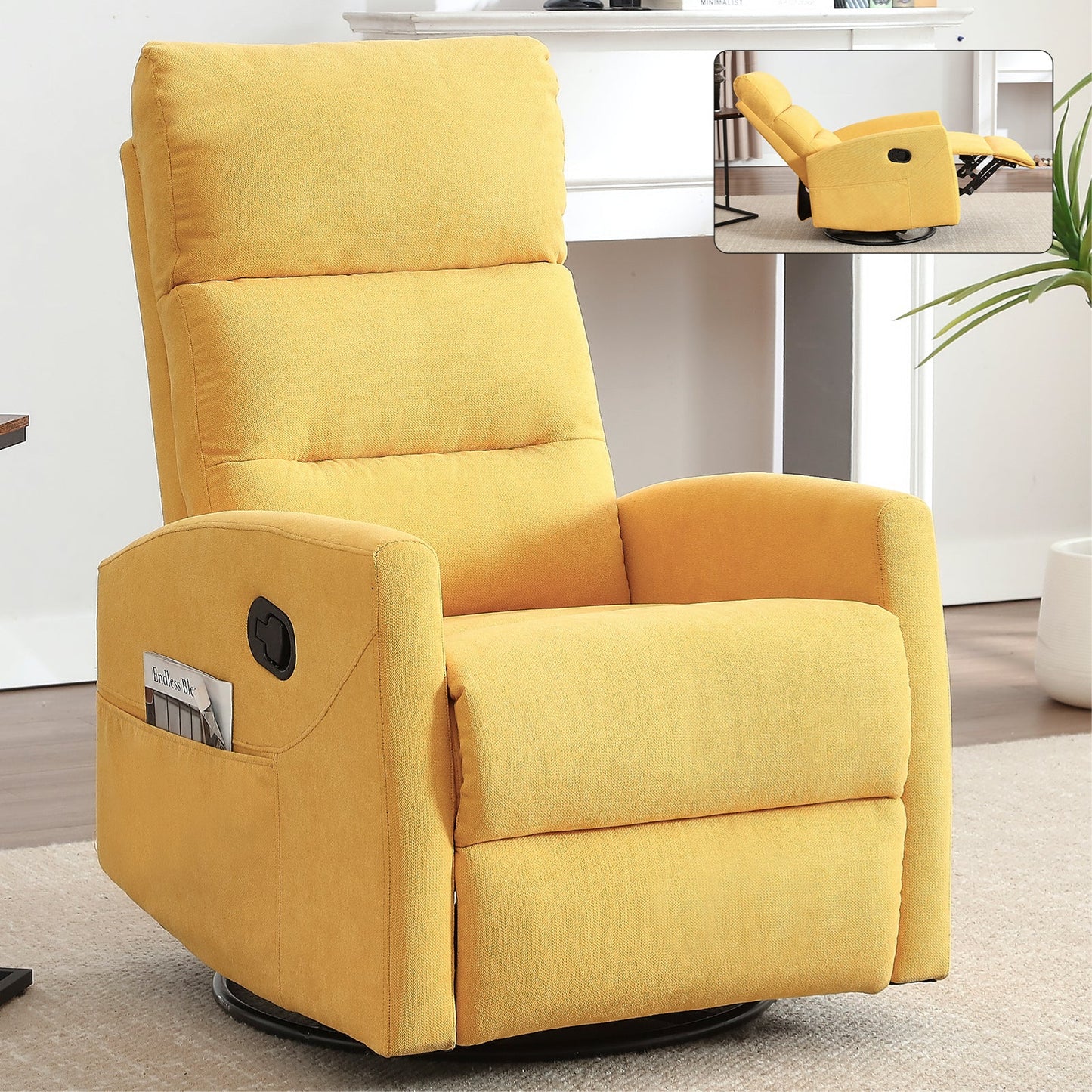 Manual Recliner Chair with Rocker and Swivel in Fabric for Living Room, Yellow - 1st Choice Furniture Direct