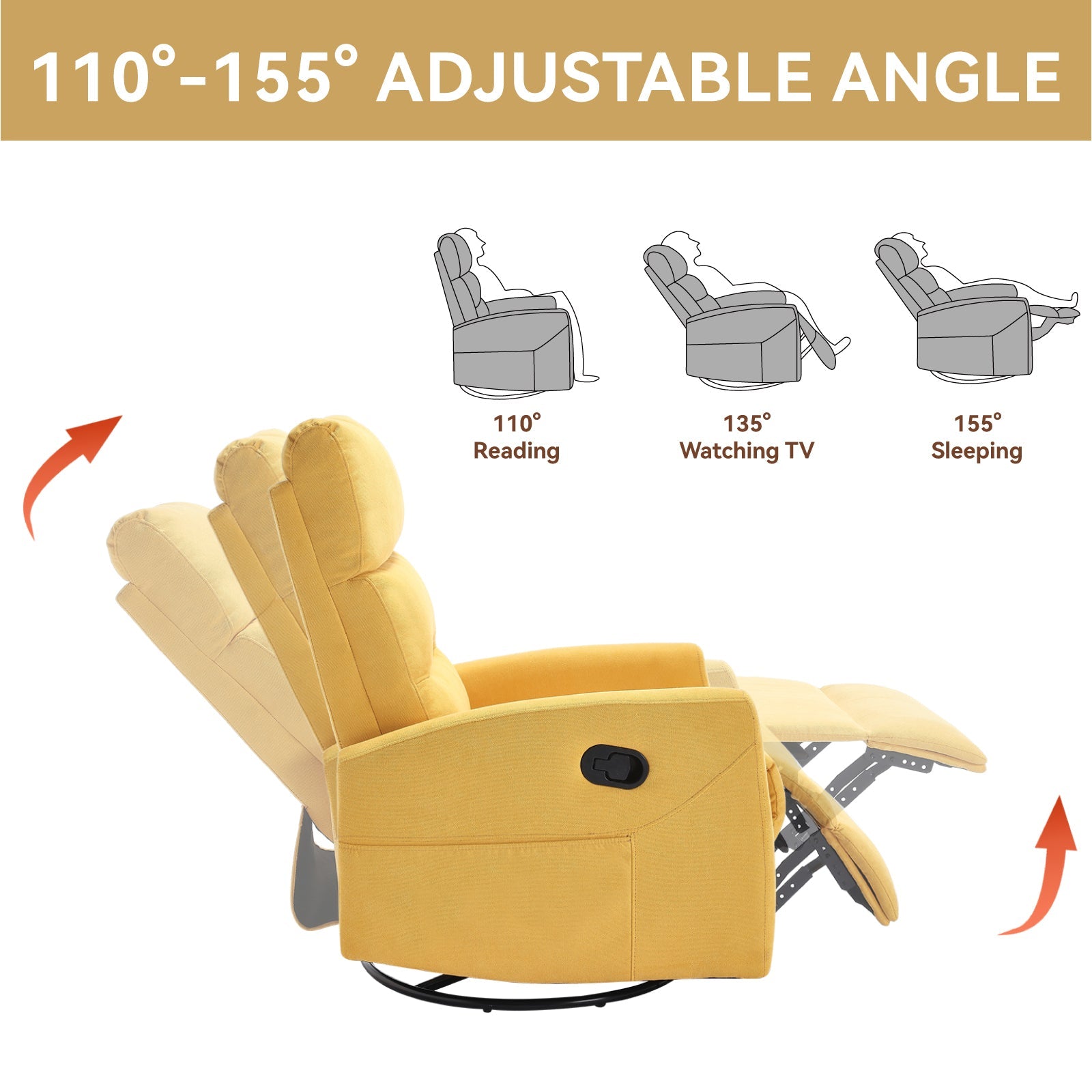 Manual Recliner Chair with Rocker and Swivel in Fabric for Living Room, Yellow - 1st Choice Furniture Direct