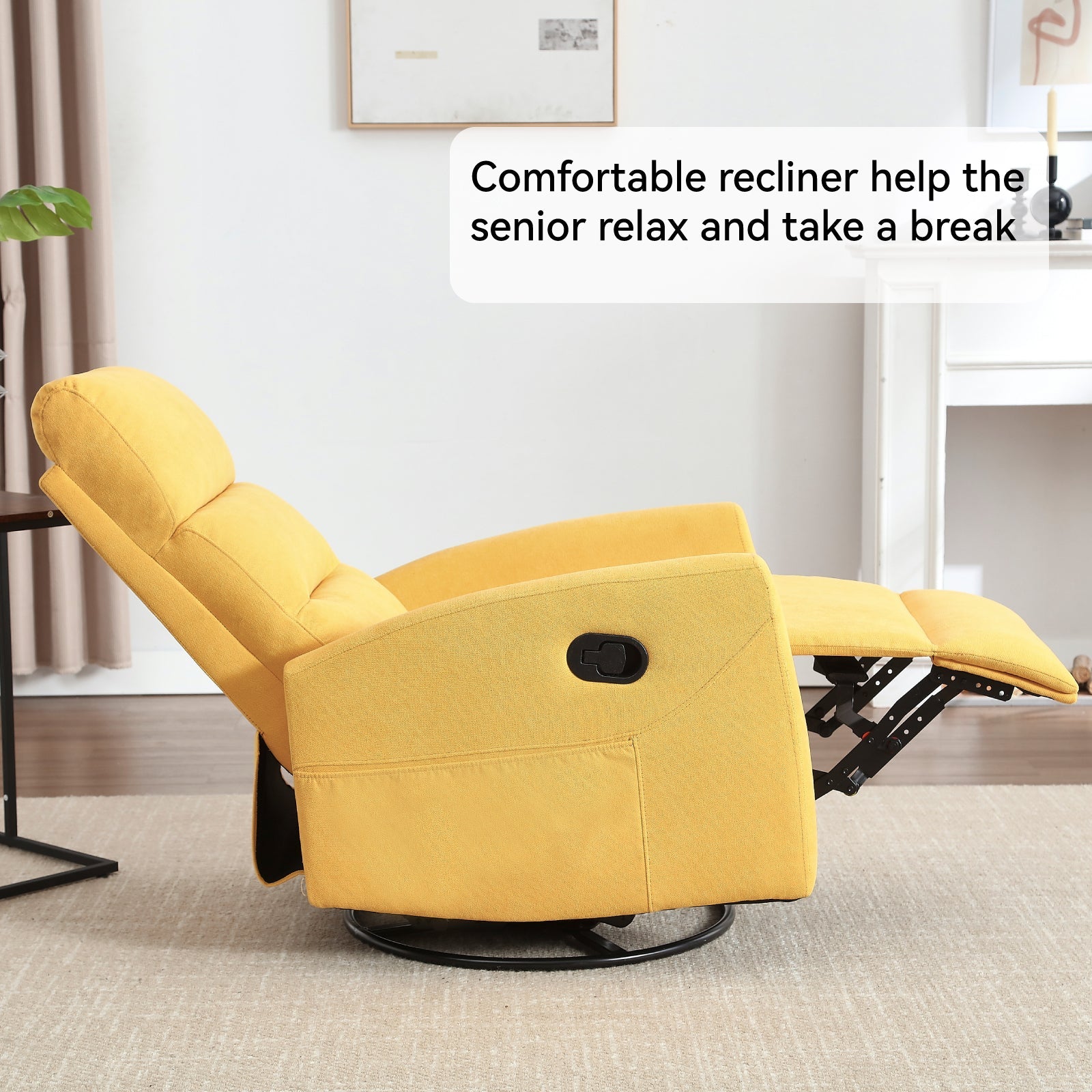 Manual Recliner Chair with Rocker and Swivel in Fabric for Living Room, Yellow - 1st Choice Furniture Direct