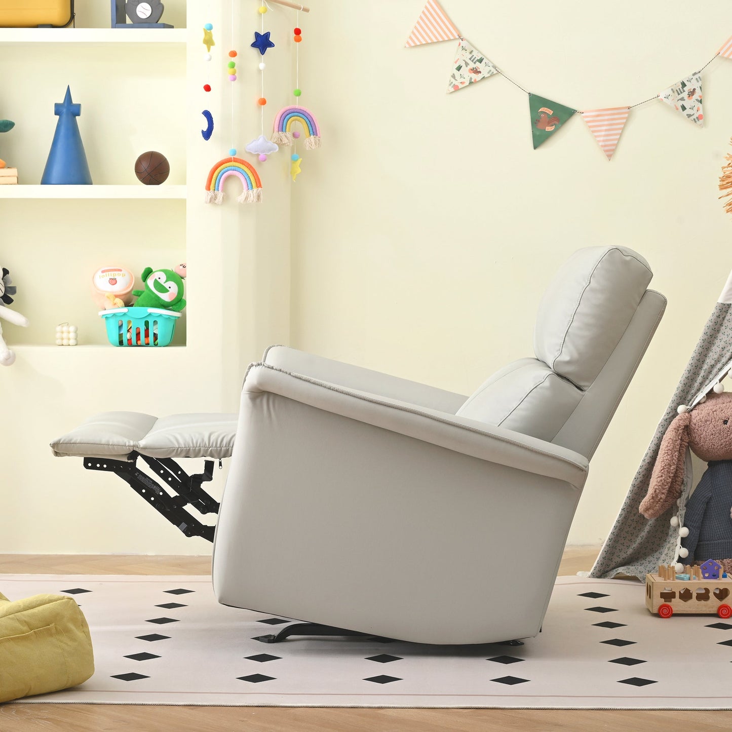 Manual Rocker Recliner Chair for Adults,Rocking Glider Recliner for Small Spaces,PU Leather Rocking Chair for Nursery,Single Sofa Recliner for Home Theater Living Room Bedroom(PU Light Gray) - 1st Choice Furniture Direct