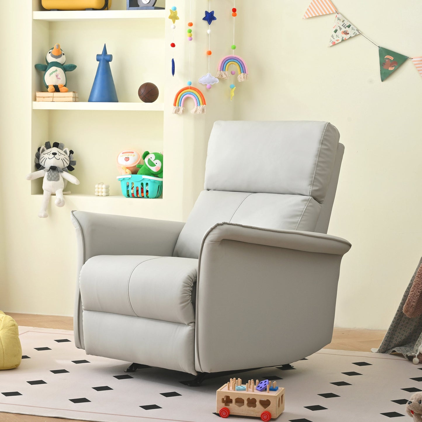 Manual Rocker Recliner Chair for Adults,Rocking Glider Recliner for Small Spaces,PU Leather Rocking Chair for Nursery,Single Sofa Recliner for Home Theater Living Room Bedroom(PU Light Gray) - 1st Choice Furniture Direct