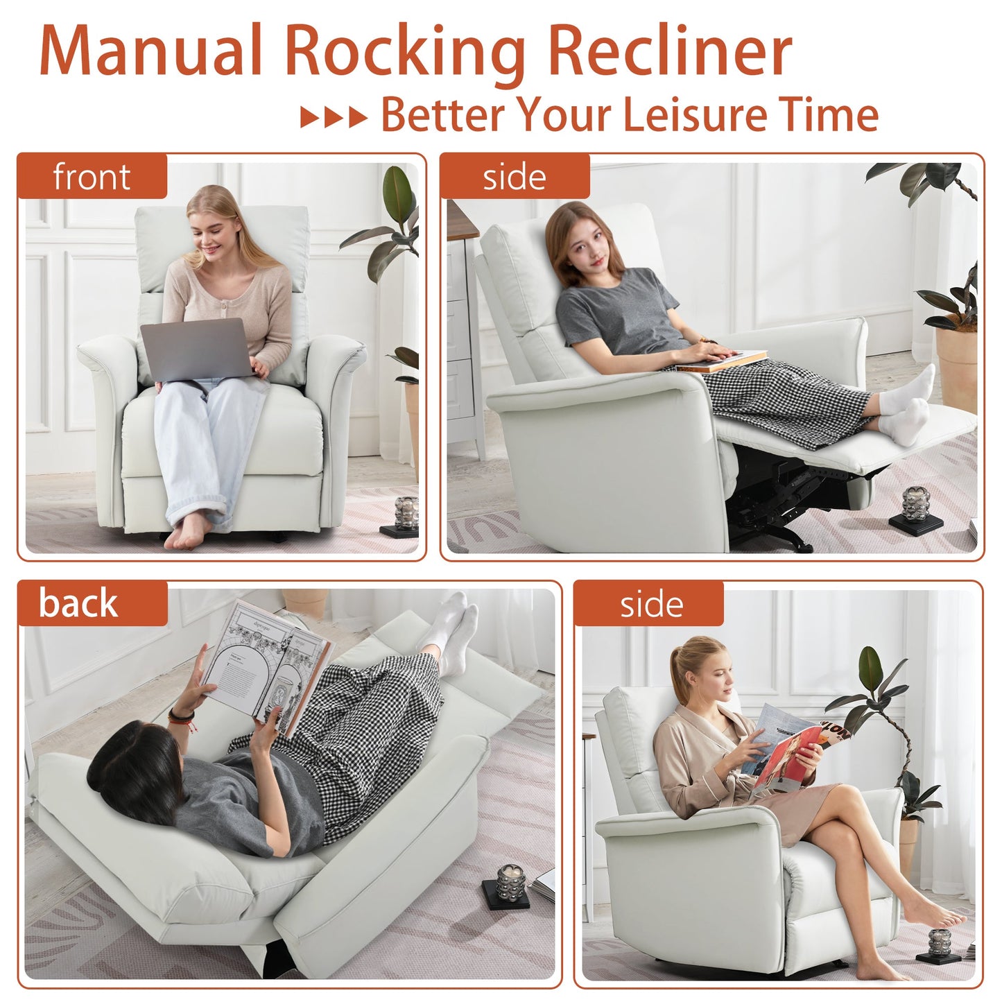 Manual Rocker Recliner Chair for Adults,Rocking Glider Recliner for Small Spaces,PU Leather Rocking Chair for Nursery,Single Sofa Recliner for Home Theater Living Room Bedroom(PU Light Gray) - 1st Choice Furniture Direct
