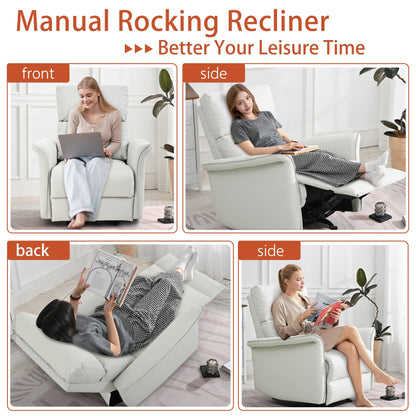 Manual Rocker Recliner Chair for Adults,Rocking Glider Recliner for Small Spaces,PU Leather Rocking Chair for Nursery,Single Sofa Recliner for Home Theater Living Room Bedroom(PU Light Gray) - 1st Choice Furniture Direct