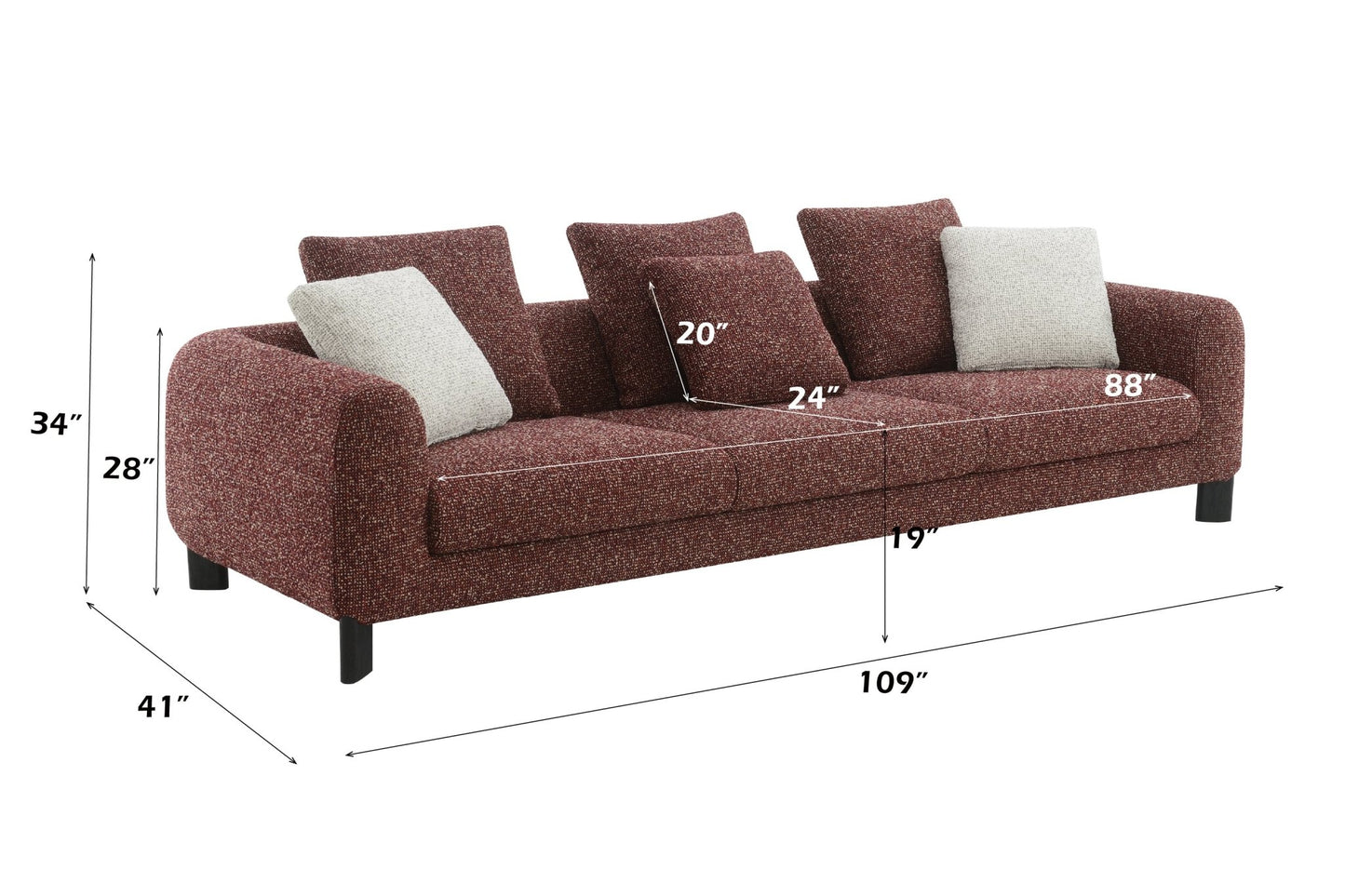 Mardi Maroon Tweed Sofa w/3 Pillows - 1st Choice Furniture Direct