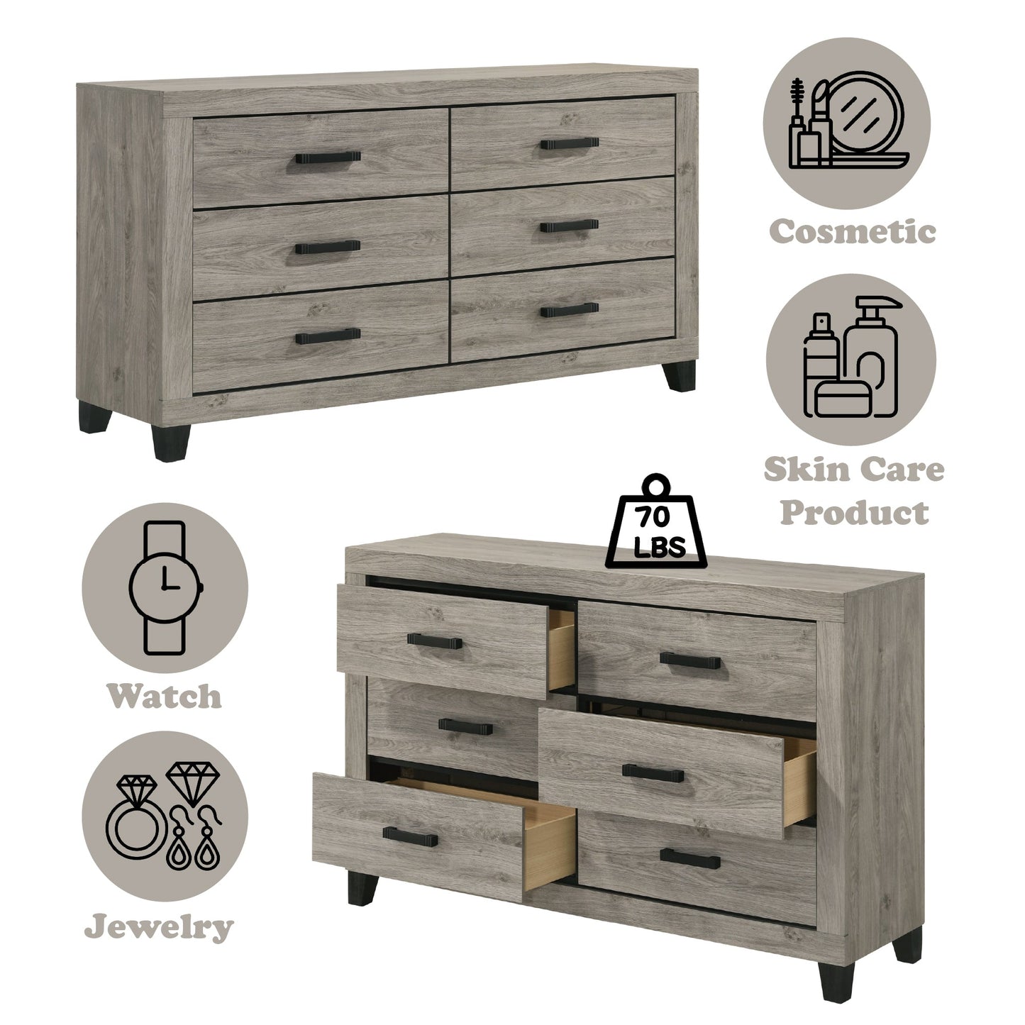 Mari Light Gray Finish 5Pcs Bedroom Set (Queen bed, Dresser, Chest, Nightstand, Mirror) - 1st Choice Furniture Direct