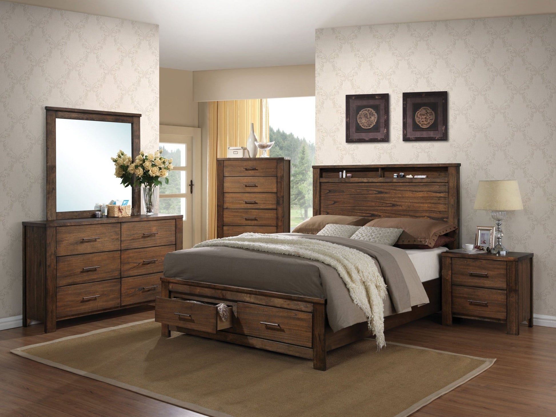 Merrilee Oak Finish EK Bed W/Storage - 1st Choice Furniture Direct