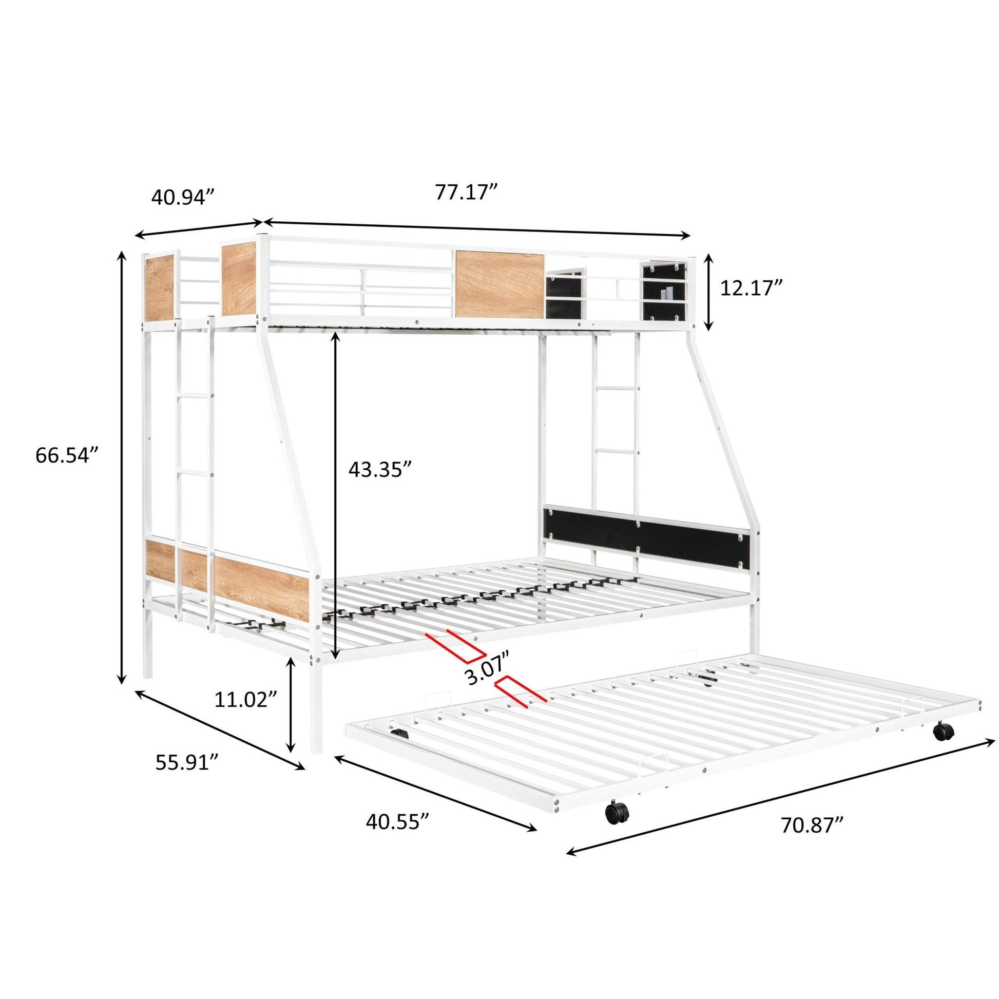 Metal Twin over Full Bunk Bed with Trundle/ Heavy - duty Sturdy Metal/ Noise Reduced/ Safety Guardrail/ Wooden Decoration/ Convenient Trundle / Bunk Bed for Three/ CPC Certified/ No Box Spring Needed - 1st Choice Furniture Direct