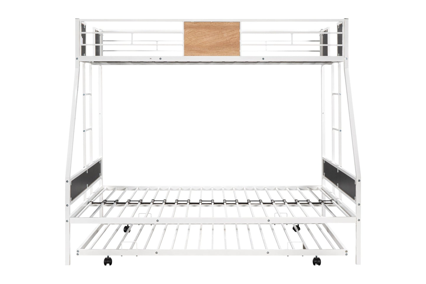 Metal Twin over Full Bunk Bed with Trundle/ Heavy - duty Sturdy Metal/ Noise Reduced/ Safety Guardrail/ Wooden Decoration/ Convenient Trundle / Bunk Bed for Three/ CPC Certified/ No Box Spring Needed - 1st Choice Furniture Direct
