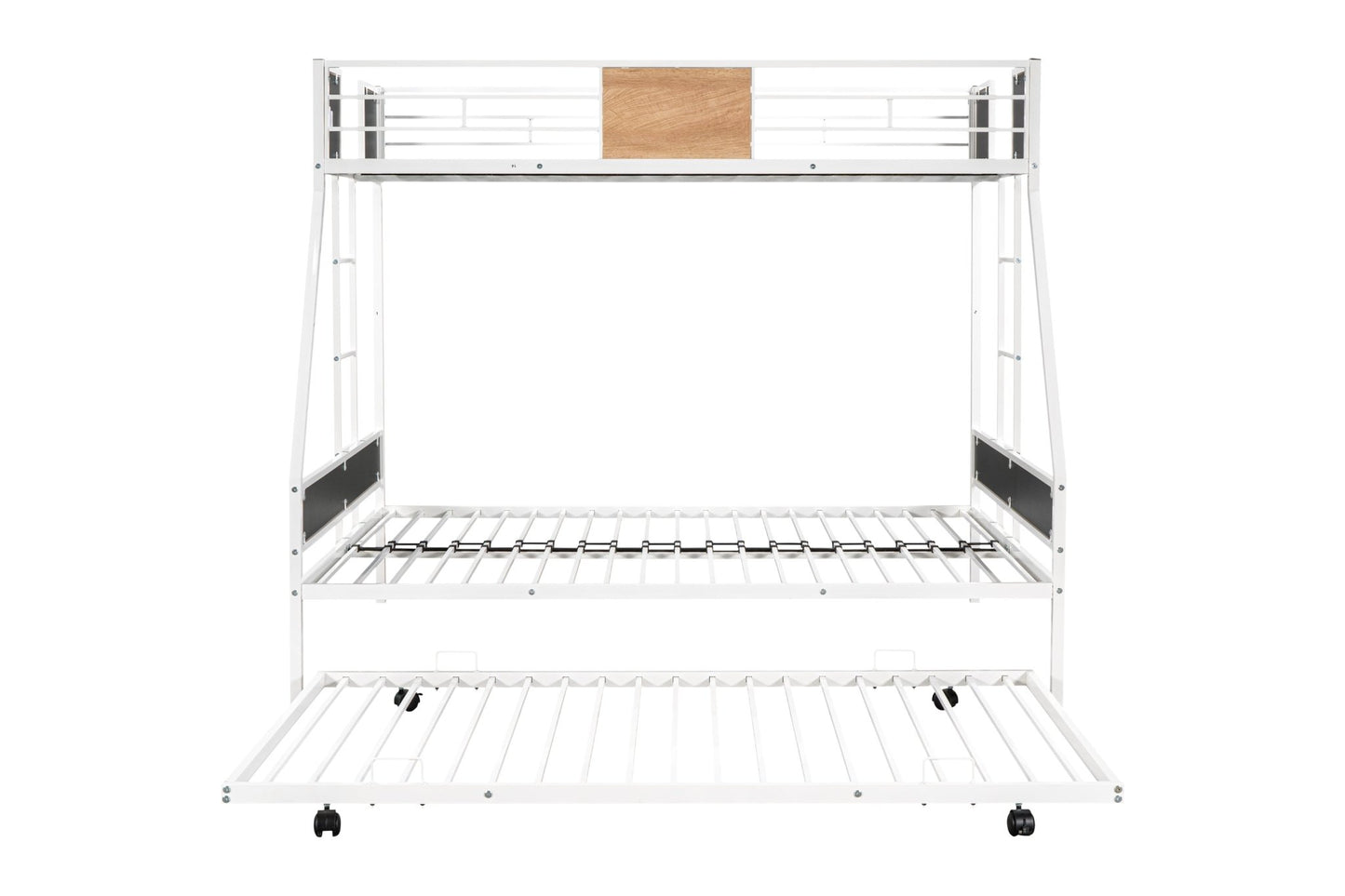 Metal Twin over Full Bunk Bed with Trundle/ Heavy - duty Sturdy Metal/ Noise Reduced/ Safety Guardrail/ Wooden Decoration/ Convenient Trundle / Bunk Bed for Three/ CPC Certified/ No Box Spring Needed - 1st Choice Furniture Direct