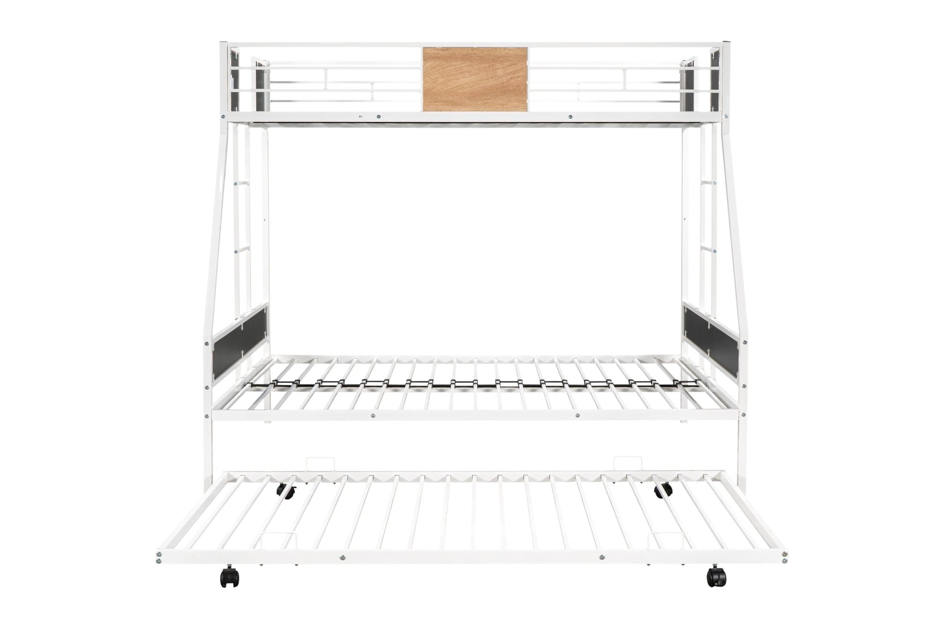 Metal Twin over Full Bunk Bed with Trundle/ Heavy - duty Sturdy Metal/ Noise Reduced/ Safety Guardrail/ Wooden Decoration/ Convenient Trundle / Bunk Bed for Three/ CPC Certified/ No Box Spring Needed - 1st Choice Furniture Direct