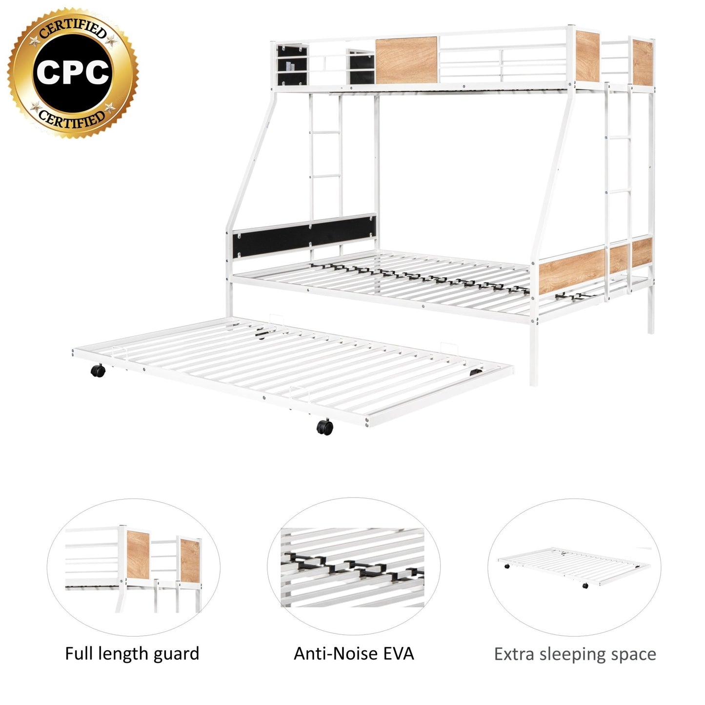 Metal Twin over Full Bunk Bed with Trundle/ Heavy - duty Sturdy Metal/ Noise Reduced/ Safety Guardrail/ Wooden Decoration/ Convenient Trundle / Bunk Bed for Three/ CPC Certified/ No Box Spring Needed - 1st Choice Furniture Direct
