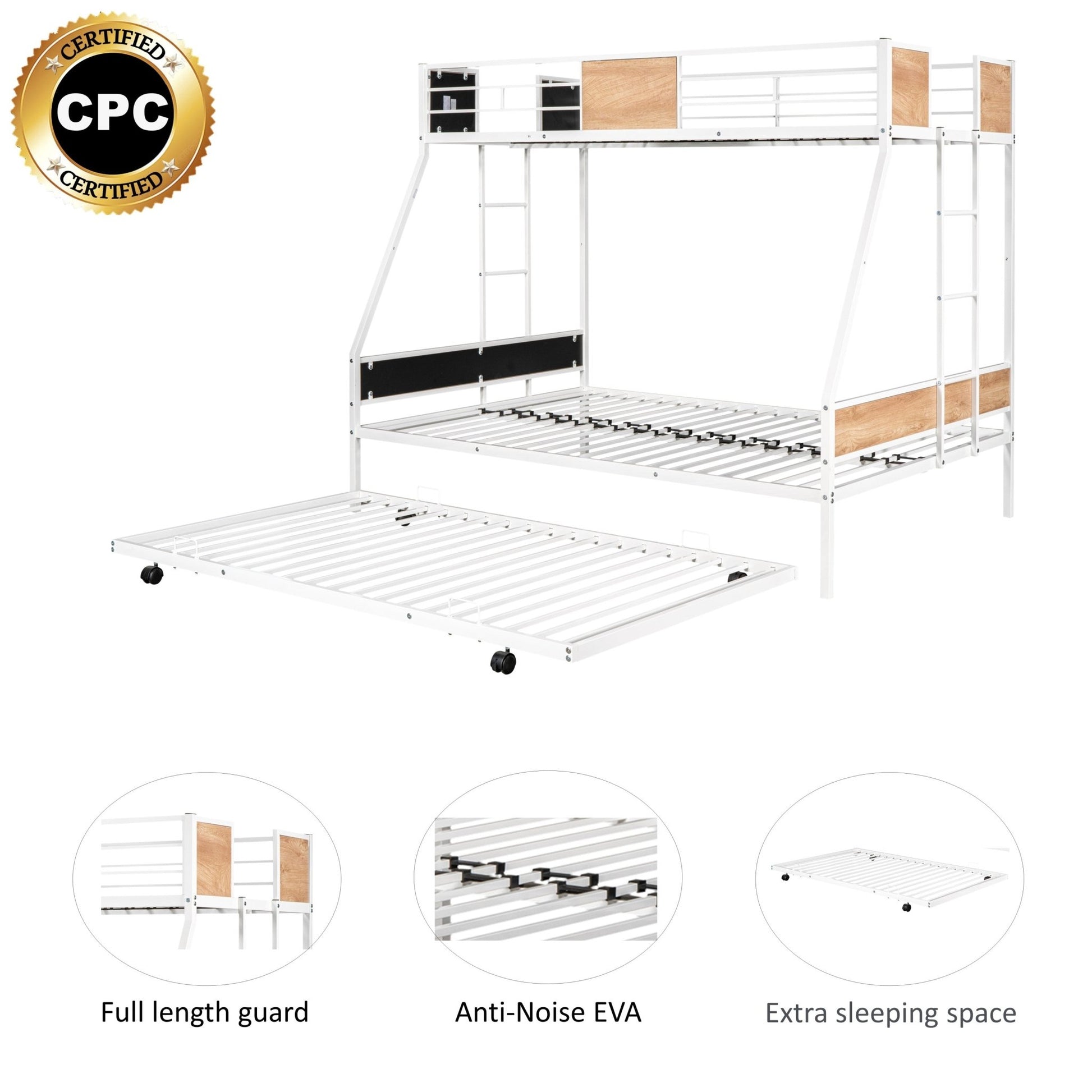 Metal Twin over Full Bunk Bed with Trundle/ Heavy - duty Sturdy Metal/ Noise Reduced/ Safety Guardrail/ Wooden Decoration/ Convenient Trundle / Bunk Bed for Three/ CPC Certified/ No Box Spring Needed - 1st Choice Furniture Direct