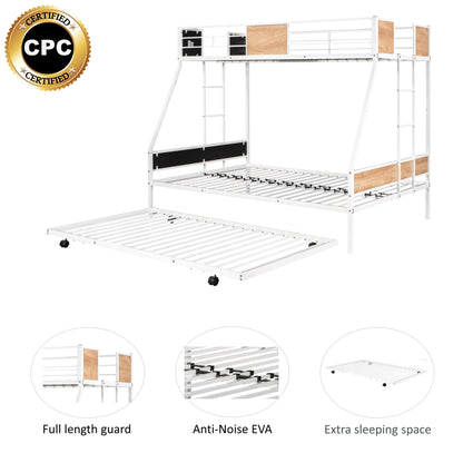 Metal Twin over Full Bunk Bed with Trundle/ Heavy - duty Sturdy Metal/ Noise Reduced/ Safety Guardrail/ Wooden Decoration/ Convenient Trundle / Bunk Bed for Three/ CPC Certified/ No Box Spring Needed - 1st Choice Furniture Direct