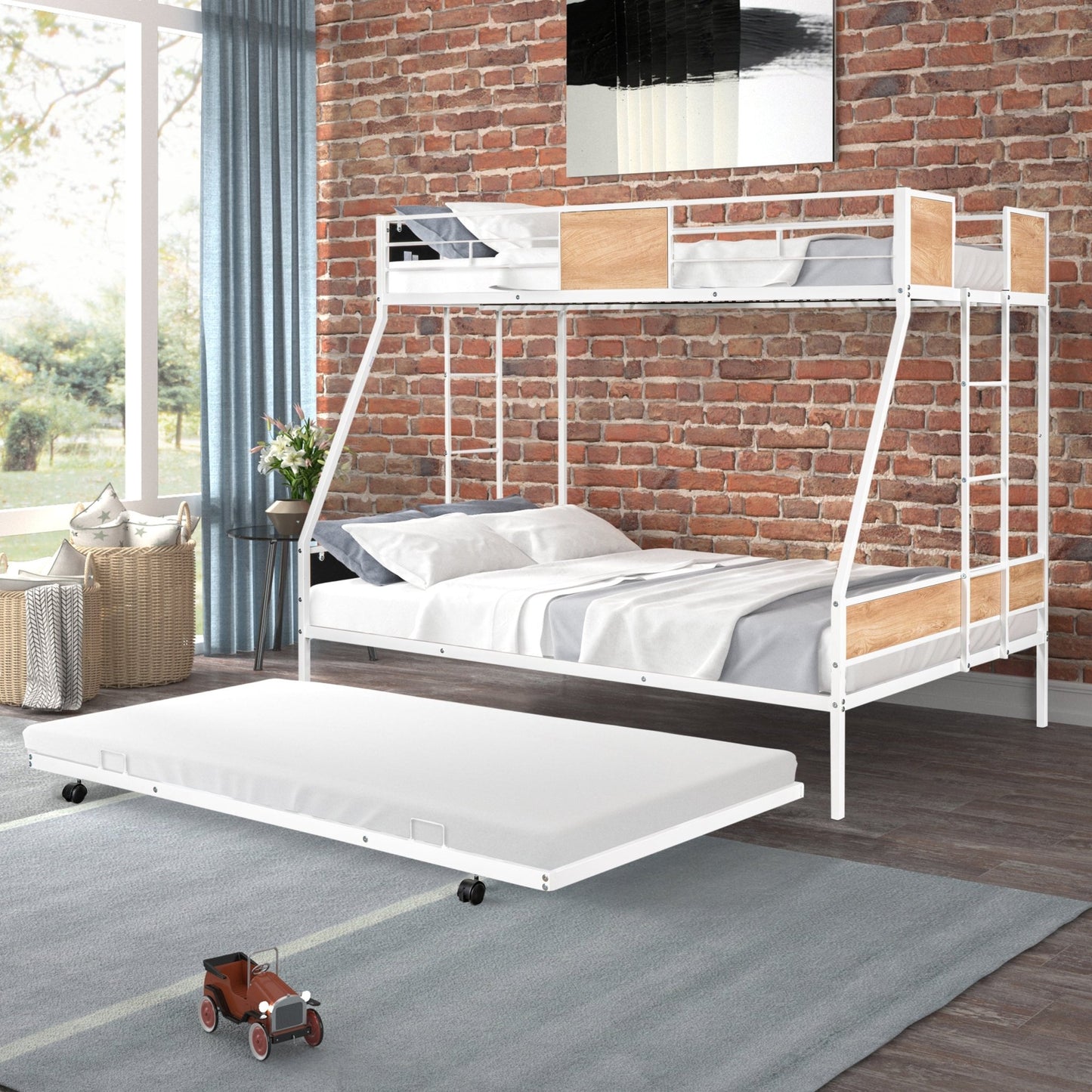 Metal Twin over Full Bunk Bed with Trundle/ Heavy - duty Sturdy Metal/ Noise Reduced/ Safety Guardrail/ Wooden Decoration/ Convenient Trundle / Bunk Bed for Three/ CPC Certified/ No Box Spring Needed - 1st Choice Furniture Direct