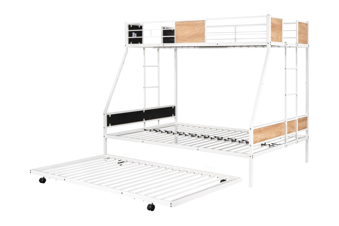 Metal Twin over Full Bunk Bed with Trundle/ Heavy - duty Sturdy Metal/ Noise Reduced/ Safety Guardrail/ Wooden Decoration/ Convenient Trundle / Bunk Bed for Three/ CPC Certified/ No Box Spring Needed - 1st Choice Furniture Direct