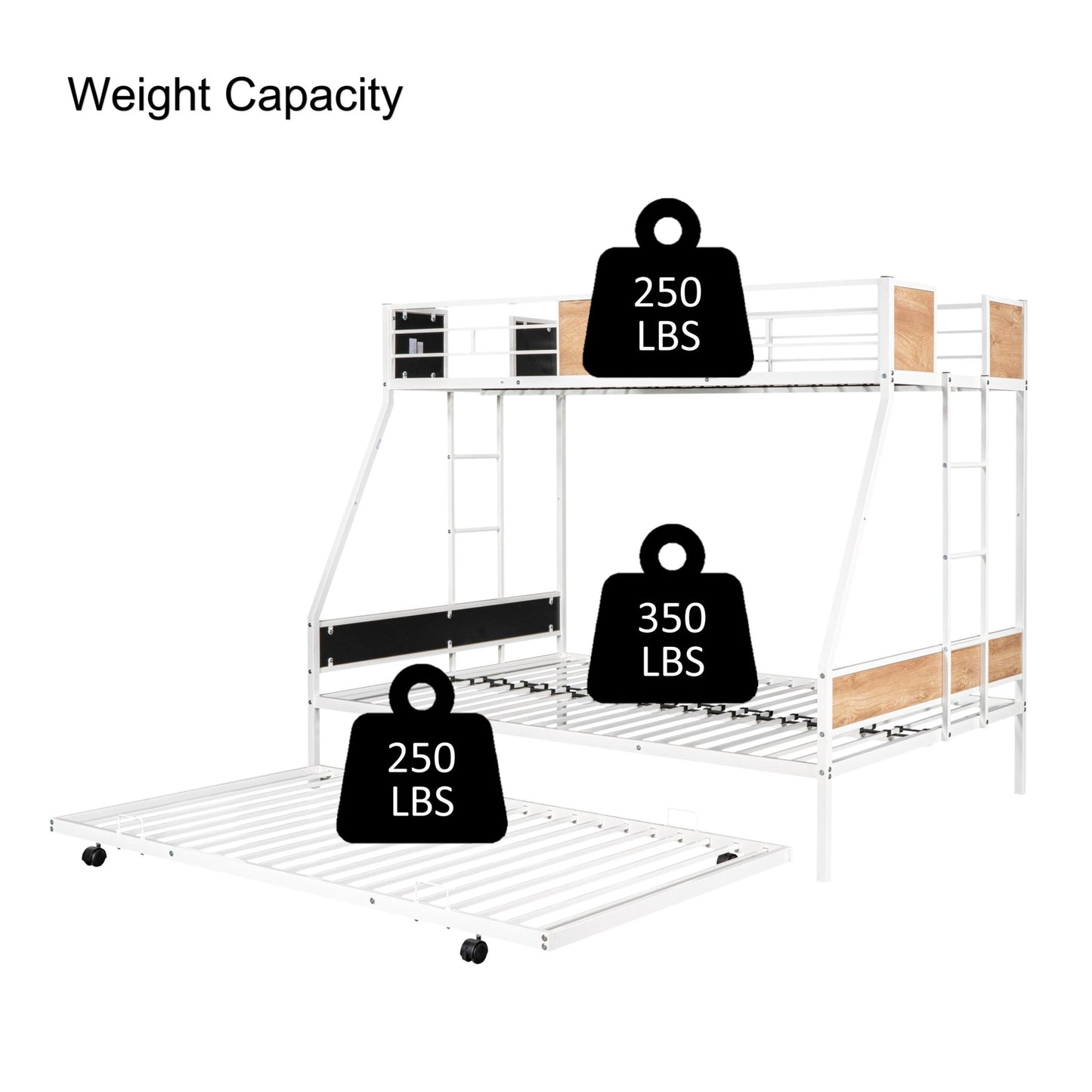 Metal Twin over Full Bunk Bed with Trundle/ Heavy - duty Sturdy Metal/ Noise Reduced/ Safety Guardrail/ Wooden Decoration/ Convenient Trundle / Bunk Bed for Three/ CPC Certified/ No Box Spring Needed - 1st Choice Furniture Direct