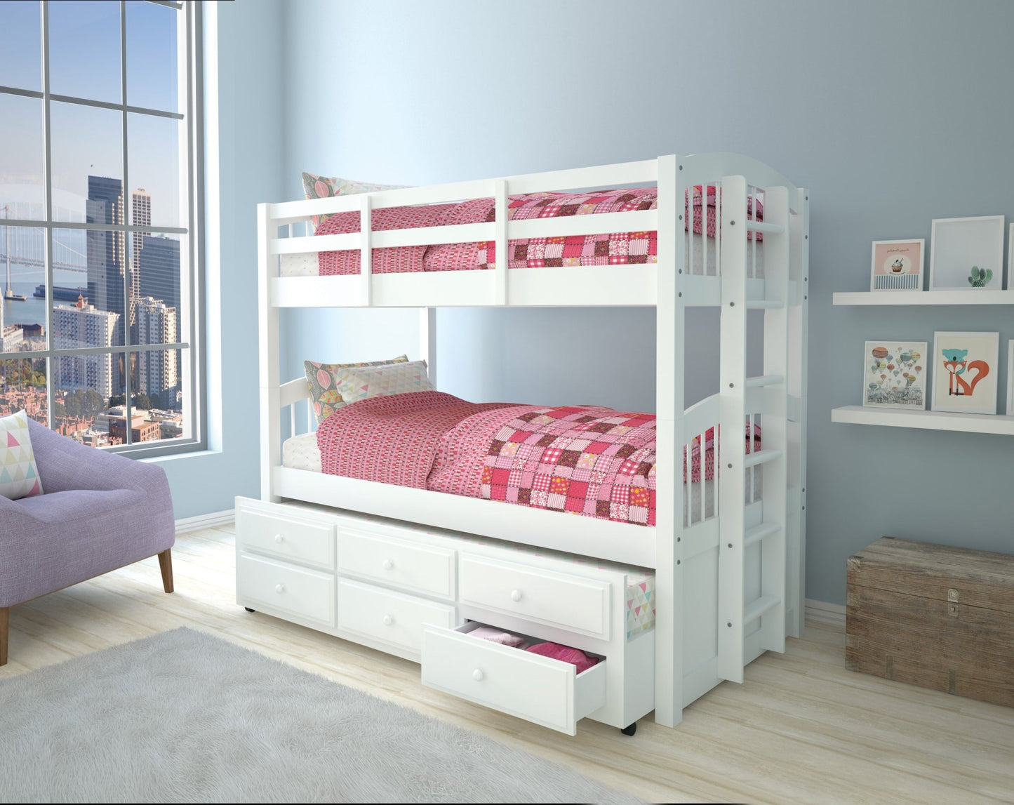 Micah White Finish Twin/Twin Bunk Bed W/Trundle & Storage - 1st Choice Furniture Direct