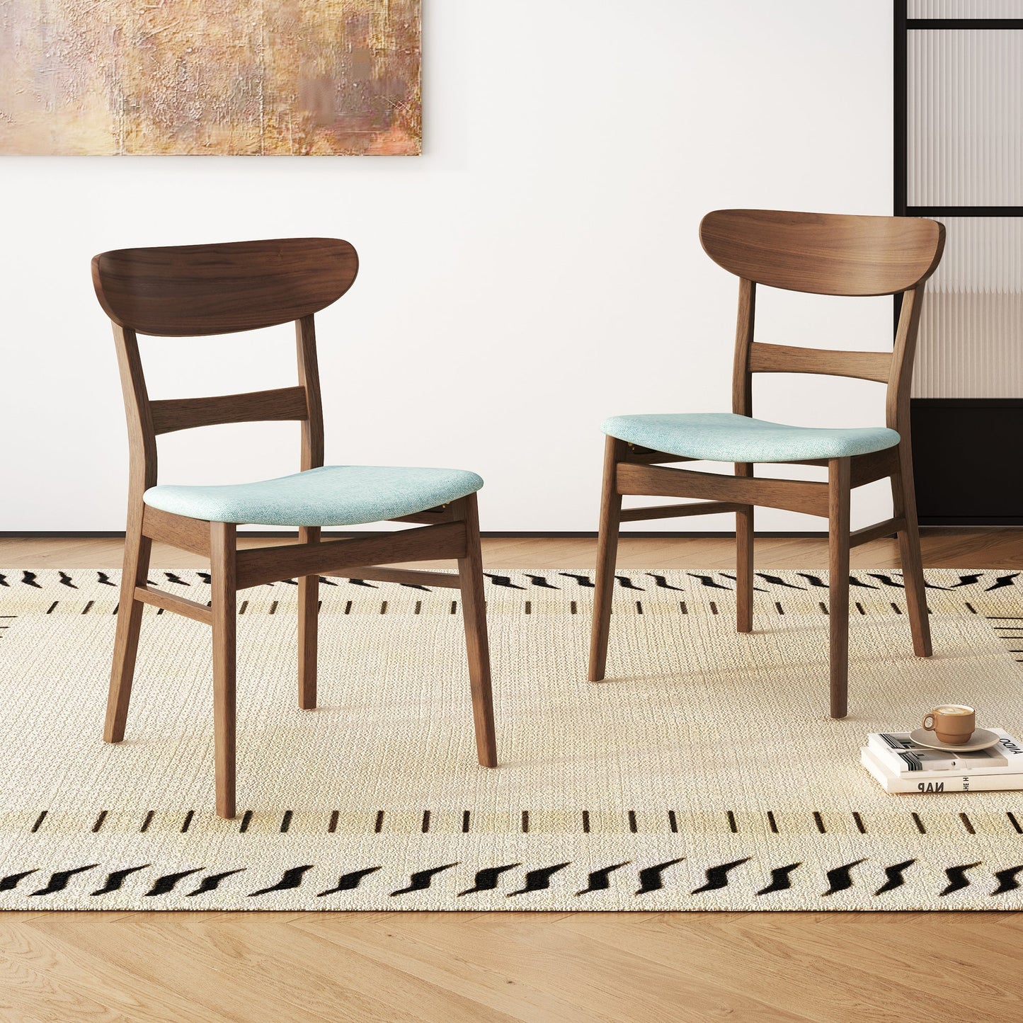 Mid - Century Dining Chair Set of 2 in Mint Fabric with Rubberwood Frame and Cushioned Seats - 1st Choice Furniture Direct