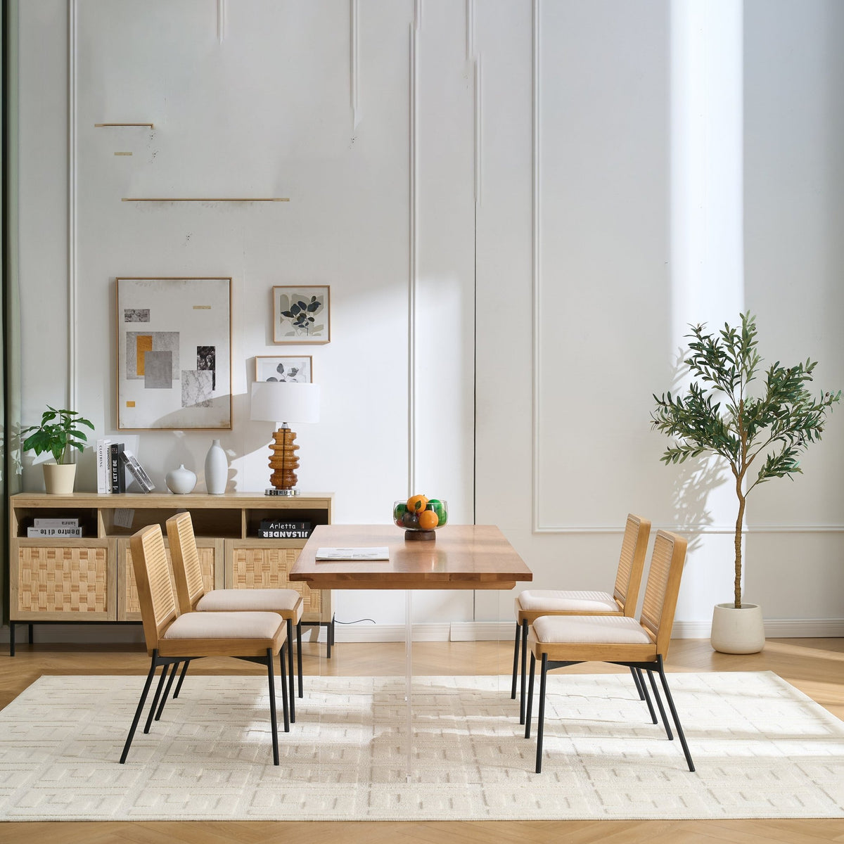 Mid - Century Dining Chairs Set of 2, Accent Linen Fabric Side Chairs with Rattan Backrest Metal Legs Kitchen Chairs for Dining Room Living Room - 1st Choice Furniture Direct