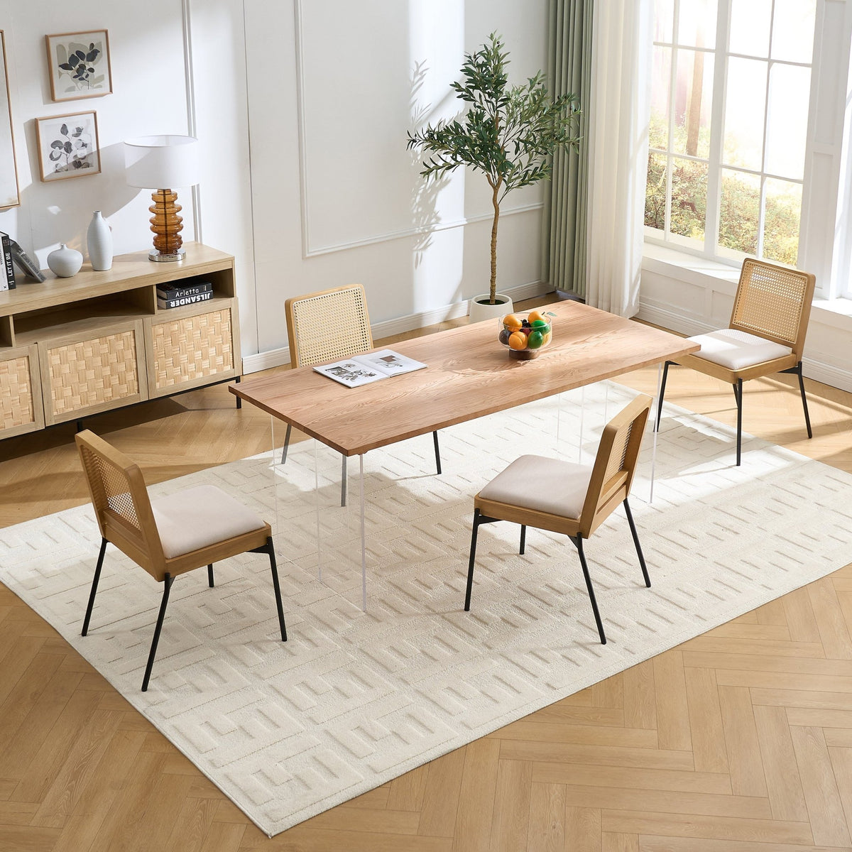 Mid - Century Dining Chairs Set of 2, Accent Linen Fabric Side Chairs with Rattan Backrest Metal Legs Kitchen Chairs for Dining Room Living Room - 1st Choice Furniture Direct