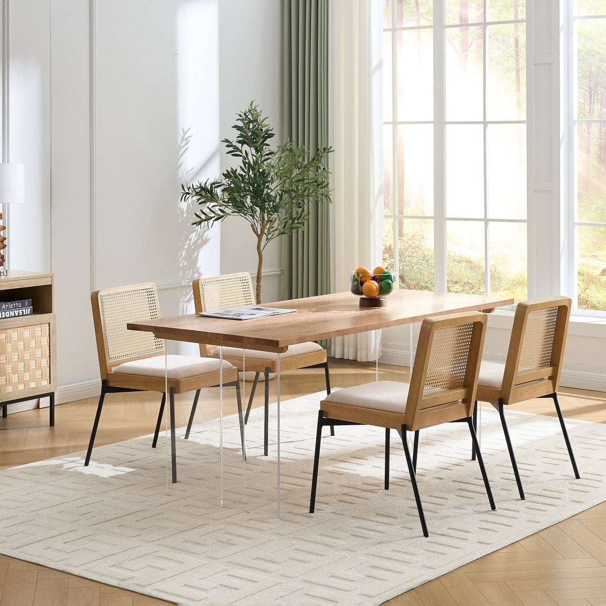 Mid - Century Dining Chairs Set of 2, Accent Linen Fabric Side Chairs with Rattan Backrest Metal Legs Kitchen Chairs for Dining Room Living Room - 1st Choice Furniture Direct