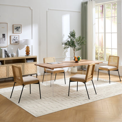 Mid - Century Dining Chairs Set of 2, Accent Linen Fabric Side Chairs with Rattan Backrest Metal Legs Kitchen Chairs for Dining Room Living Room - 1st Choice Furniture Direct