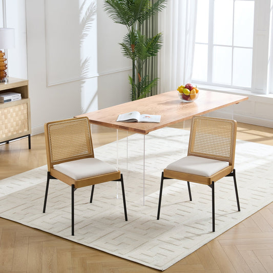 Mid - Century Dining Chairs Set of 2, Accent Linen Fabric Side Chairs with Rattan Backrest Metal Legs Kitchen Chairs for Dining Room Living Room - 1st Choice Furniture Direct