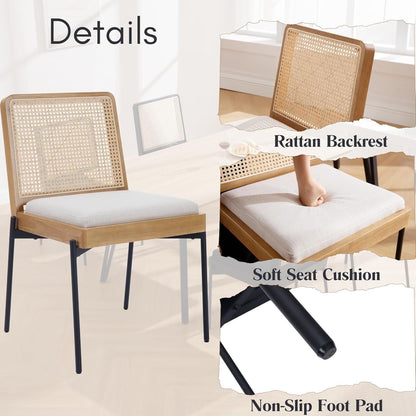 Mid - Century Dining Chairs Set of 2, Accent Linen Fabric Side Chairs with Rattan Backrest Metal Legs Kitchen Chairs for Dining Room Living Room - 1st Choice Furniture Direct