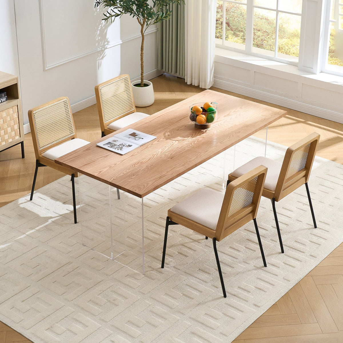 Mid - Century Dining Chairs Set of 2, Accent Linen Fabric Side Chairs with Rattan Backrest Metal Legs Kitchen Chairs for Dining Room Living Room - 1st Choice Furniture Direct