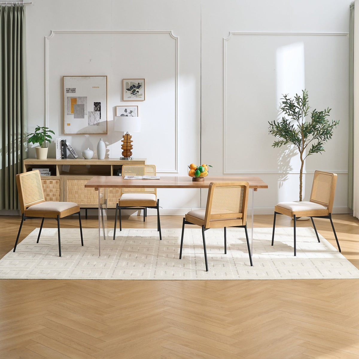 Mid - Century Dining Chairs Set of 2, Accent Linen Fabric Side Chairs with Rattan Backrest Metal Legs Kitchen Chairs for Dining Room Living Room - 1st Choice Furniture Direct