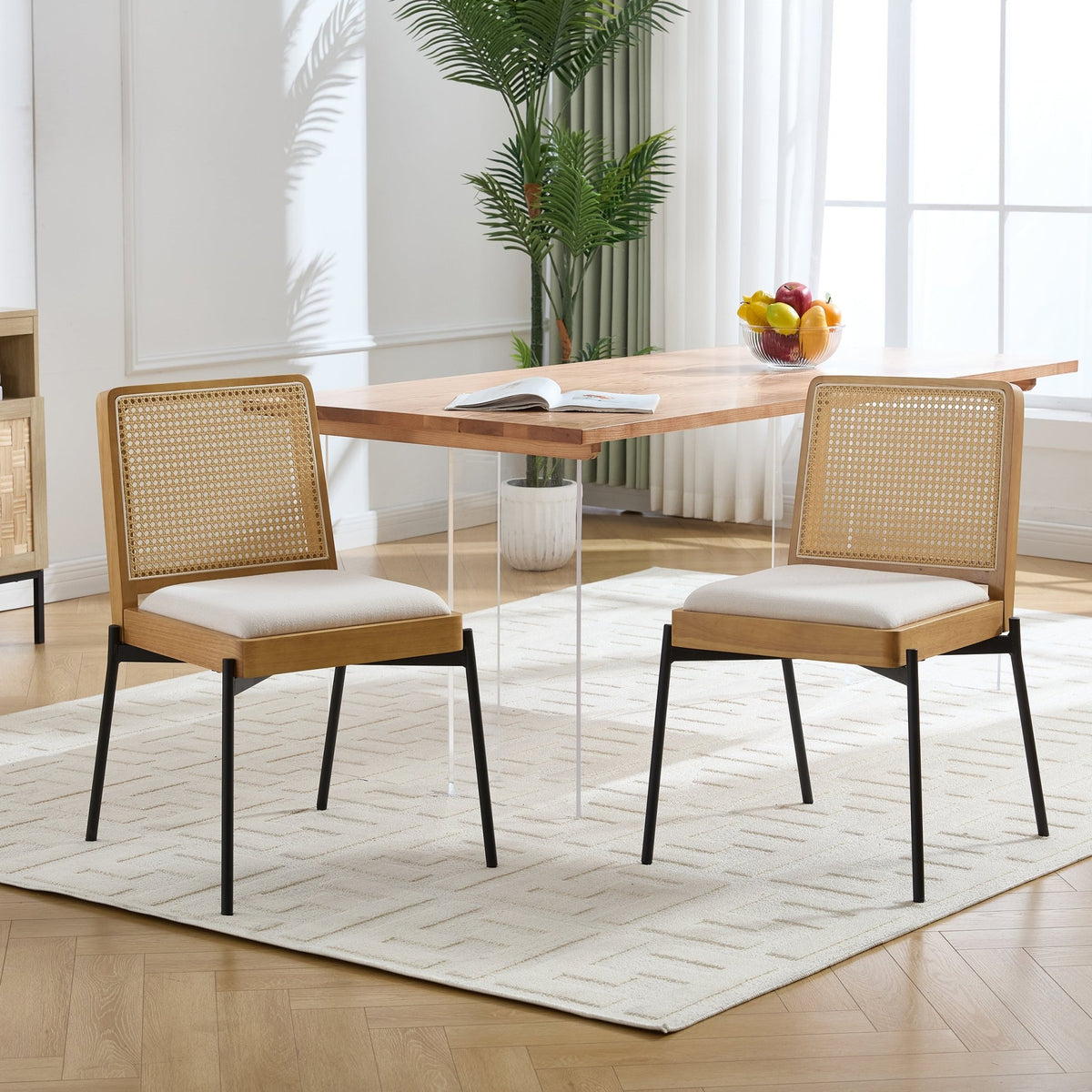Mid - Century Dining Chairs Set of 2, Accent Linen Fabric Side Chairs with Rattan Backrest Metal Legs Kitchen Chairs for Dining Room Living Room - 1st Choice Furniture Direct