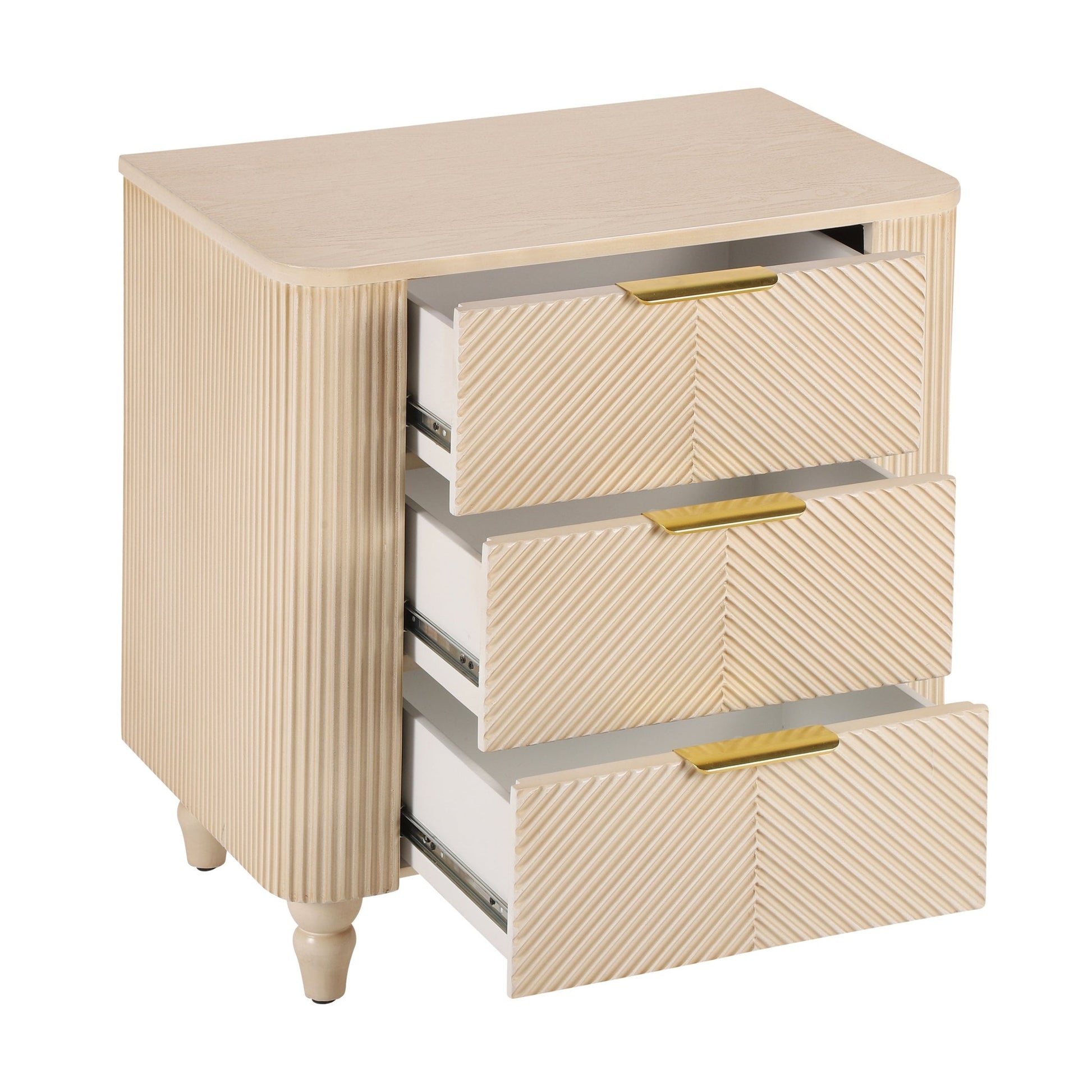 Mid - Century Fluted 3 Drawers Nightstand, Bedside Table with Curved Profile Design and Wide Gold Glossy Handles, End Table for Living Room, Bedroom, Easy Assembly, Champagne - 1st Choice Furniture Direct