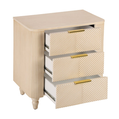 Mid - Century Fluted 3 Drawers Nightstand, Bedside Table with Curved Profile Design and Wide Gold Glossy Handles, End Table for Living Room, Bedroom, Easy Assembly, Champagne - 1st Choice Furniture Direct