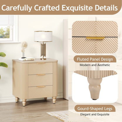 Mid - Century Fluted 3 Drawers Nightstand, Bedside Table with Curved Profile Design and Wide Gold Glossy Handles, End Table for Living Room, Bedroom, Easy Assembly, Champagne - 1st Choice Furniture Direct