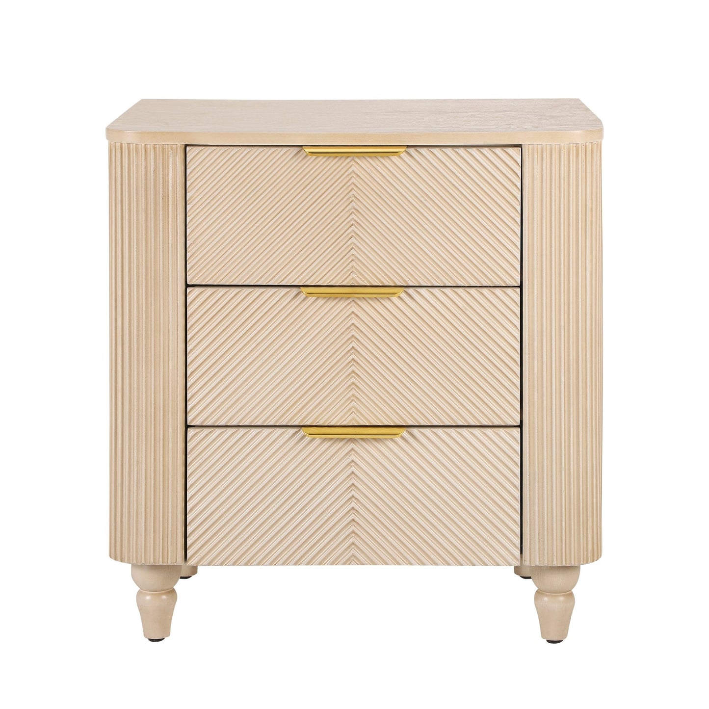 Mid - Century Fluted 3 Drawers Nightstand, Bedside Table with Curved Profile Design and Wide Gold Glossy Handles, End Table for Living Room, Bedroom, Easy Assembly, Champagne - 1st Choice Furniture Direct