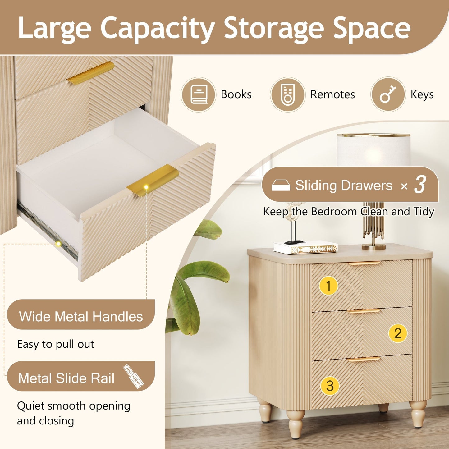 Mid - Century Fluted 3 Drawers Nightstand, Bedside Table with Curved Profile Design and Wide Gold Glossy Handles, End Table for Living Room, Bedroom, Easy Assembly, Champagne - 1st Choice Furniture Direct