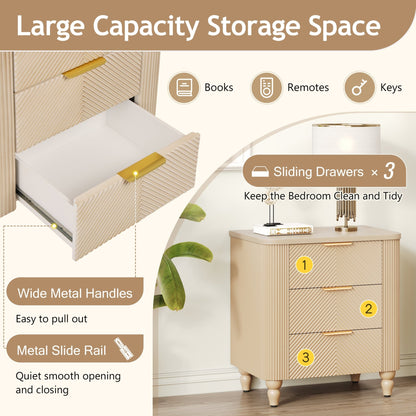 Mid - Century Fluted 3 Drawers Nightstand, Bedside Table with Curved Profile Design and Wide Gold Glossy Handles, End Table for Living Room, Bedroom, Easy Assembly, Champagne - 1st Choice Furniture Direct