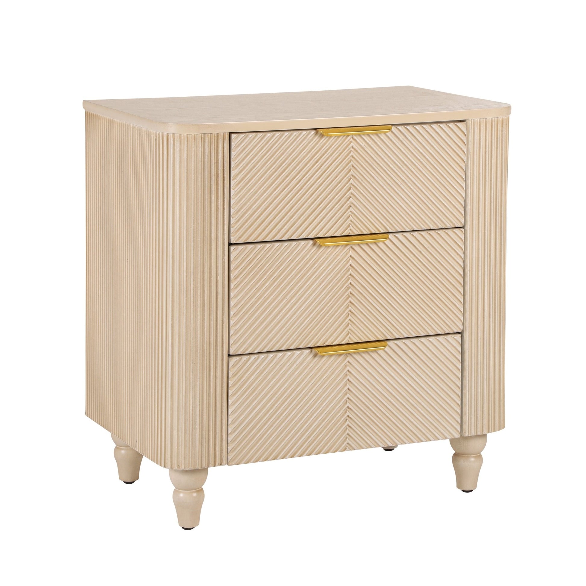 Mid - Century Fluted 3 Drawers Nightstand, Bedside Table with Curved Profile Design and Wide Gold Glossy Handles, End Table for Living Room, Bedroom, Easy Assembly, Champagne - 1st Choice Furniture Direct
