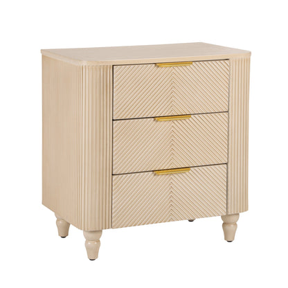 Mid - Century Fluted 3 Drawers Nightstand, Bedside Table with Curved Profile Design and Wide Gold Glossy Handles, End Table for Living Room, Bedroom, Easy Assembly, Champagne - 1st Choice Furniture Direct