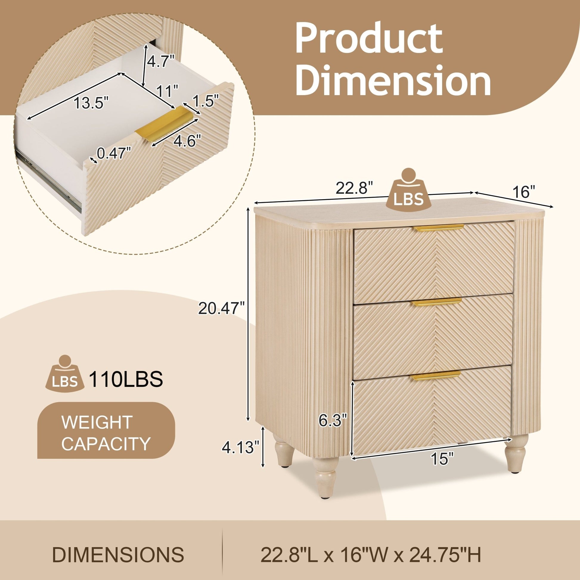 Mid - Century Fluted 3 Drawers Nightstand, Bedside Table with Curved Profile Design and Wide Gold Glossy Handles, End Table for Living Room, Bedroom, Easy Assembly, Champagne - 1st Choice Furniture Direct