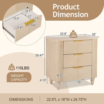 Mid - Century Fluted 3 Drawers Nightstand, Bedside Table with Curved Profile Design and Wide Gold Glossy Handles, End Table for Living Room, Bedroom, Easy Assembly, Champagne - 1st Choice Furniture Direct